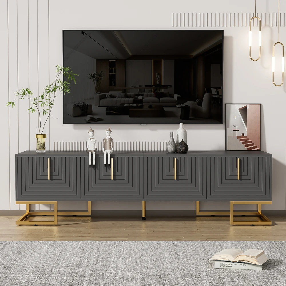 PINGGO TV-Schrank Lowboard mit strukturierter Tür, goldenen Griffen und Füßen, TV-Möbel im modernen minimalistischen Stil für Heimkino