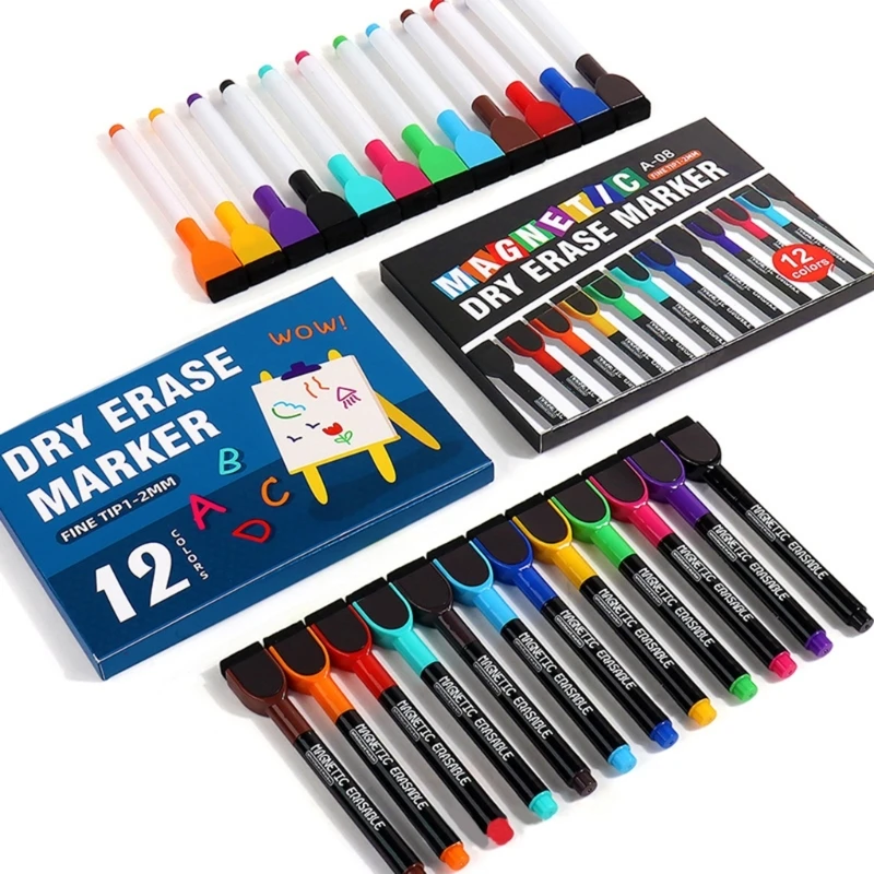 Caneta marcador magnética 12 cores com borracha para quadros pinos, flipchart
