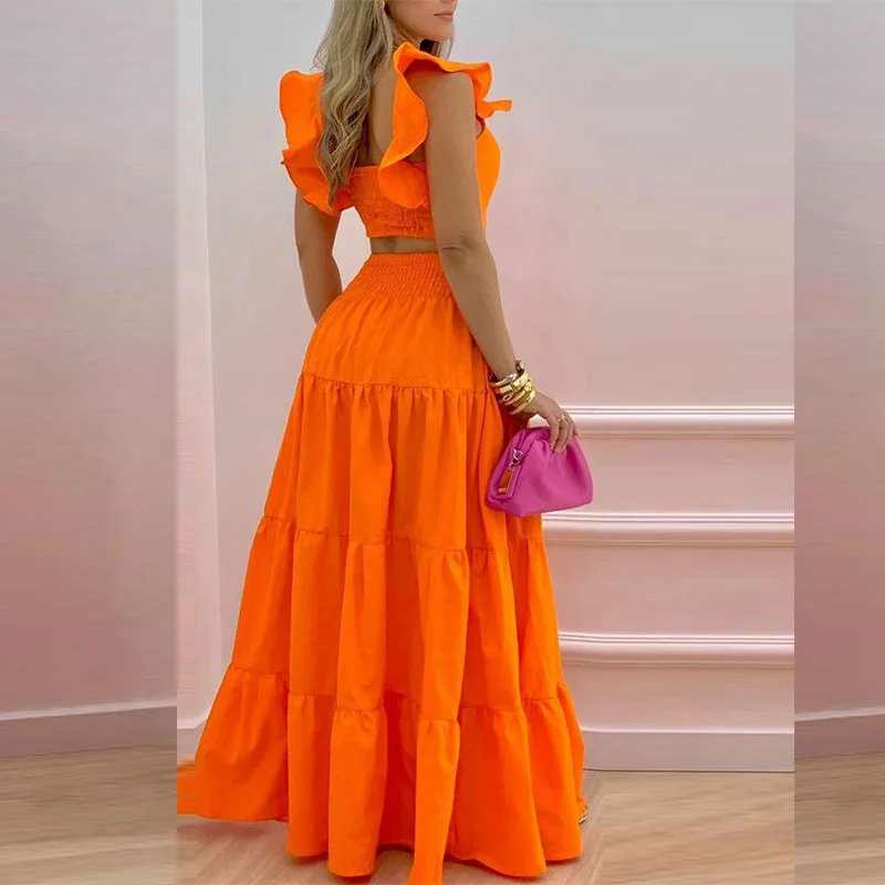

Elegant Women 2 Piece Dress Set Maxi Wedding Guest Dress Lace Up Crop Top and Maxi Skirt Set Formal Event DressCommuting mid wai