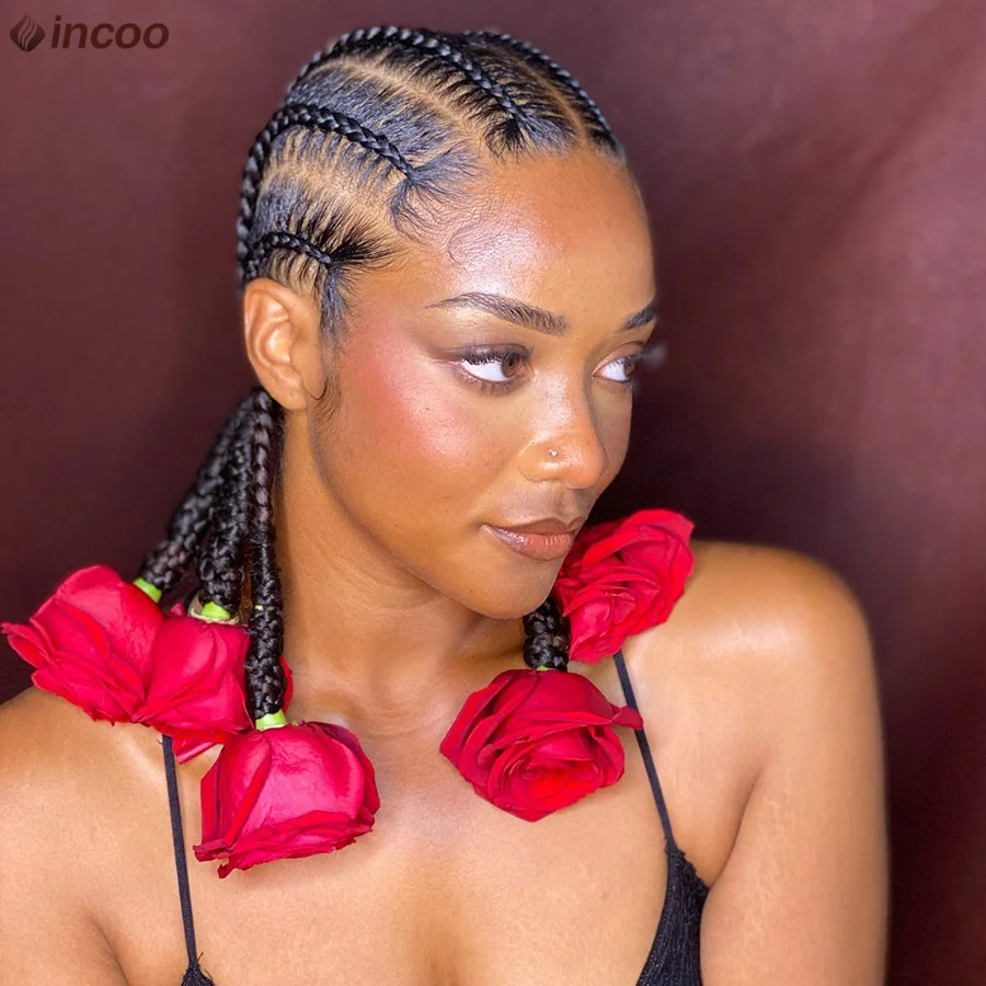 Synthetic Short Cornrow Braided Wigs Pigtails Full Lace Wig 6 Stitches Knotless Box Braids Wigs With Baby Hair For Black Women