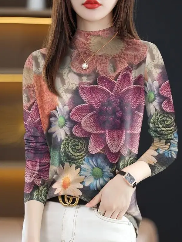 Fashionable Long Sleeve Printed T-Shirt Women's Casual Style High Neck Top Trendy Spring 2026 Garment from China for Ladies