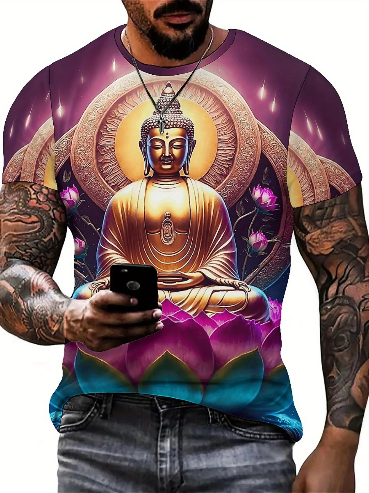 Men's Hip Hop Graphic T-Shirt - 3D Print Geometric Buddha Meditation Design, Oversized Loose Fit 100% Polyester