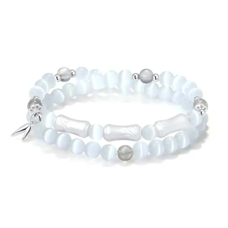 999 Sterling Silver Bamboo Joint Couple Bracelets with Silver Obsidian, New Chinese Style, Birthday Gifts for Boyfriend