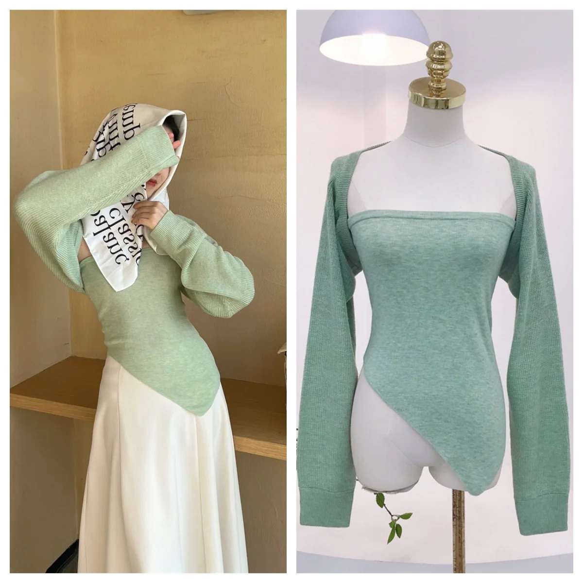 7053 캐시미어 퓨어 디자이어 투피스 세트 ~ 가을 겨울 신상 홍콩 스타일 불규칙한 밴드 튜브탑 + 숄 여성용