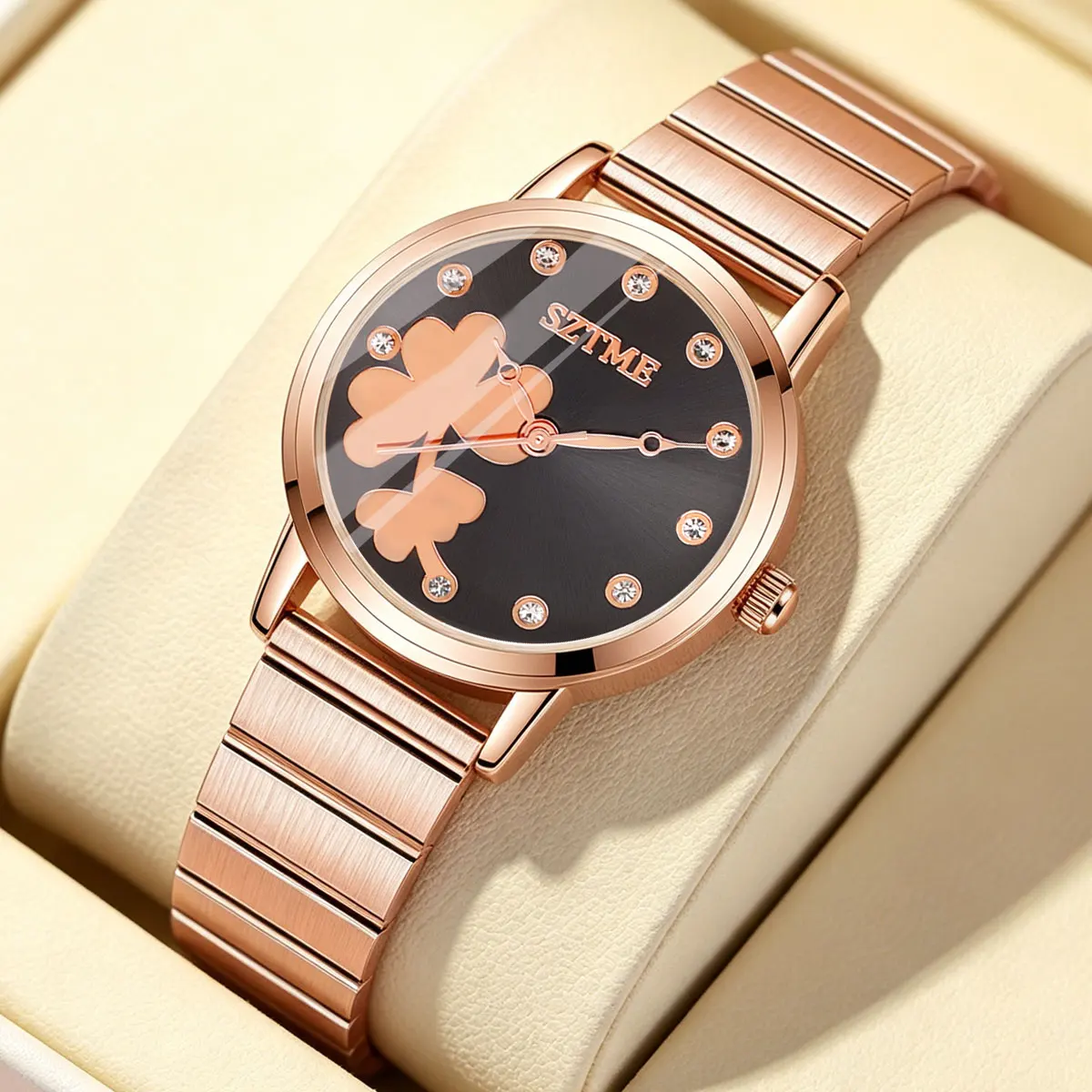 Trendy Korean Style Women's Watch Rose Gold Steel Band Four-leaf Diamond Embedded Simple Classic Versatile Ladies' Watch