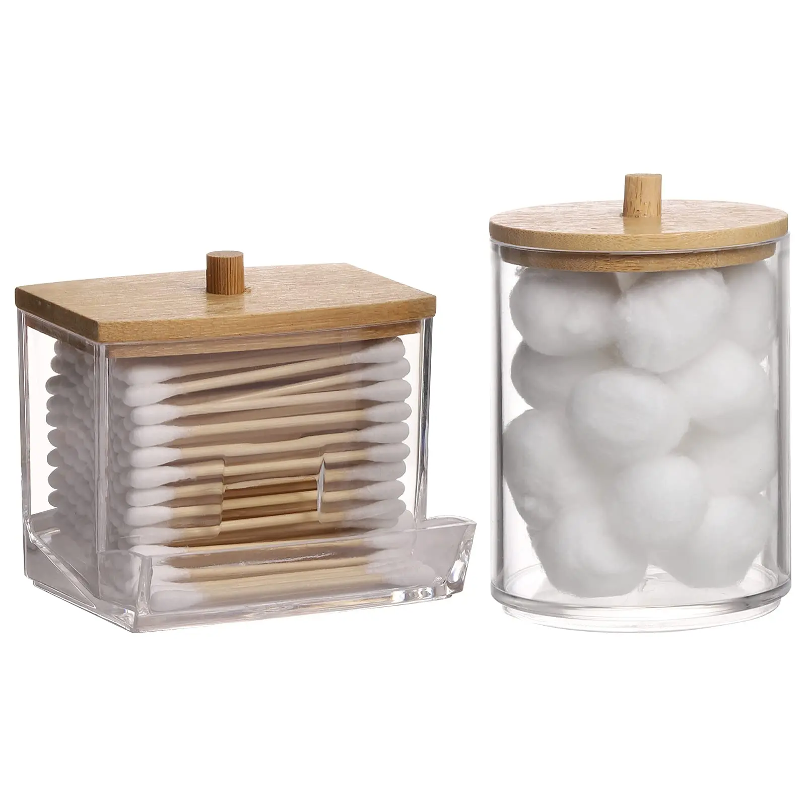 2pcs Bathroom Container with Wood Lids, 10 OZ, 7 OZ Cotton Ball/Swabs Dispenser, Apothecary Organizer Jar for Storage