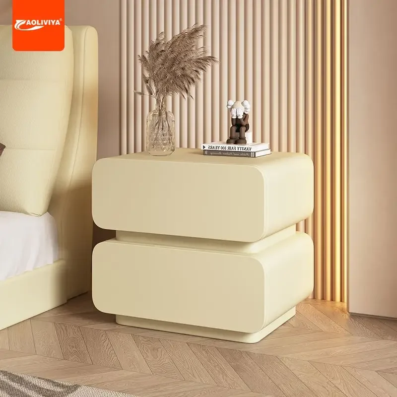 

AOLIVIYA New S! Cream Style Bedside Table Wood Leather Bedside Cabinet Small Bedroom Ultra Narrow Minimalist