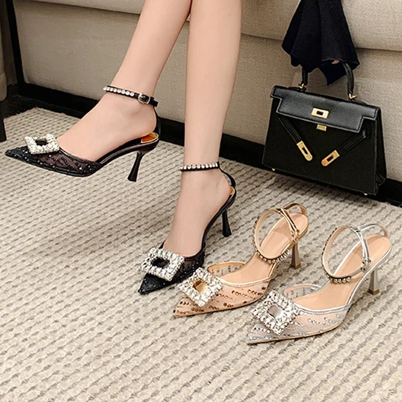 

Модные сетчатые туфли-лодочки с квадратными кристаллами и бриллиантами, женские элегантные туфли на каблуке с пряжкой и ремешком, Zapatos Mujer