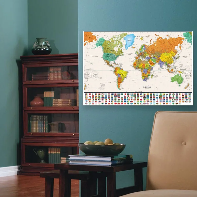 A2 ขนาด World แผนที่ภาษาอังกฤษโปสเตอร์ตกแต่งผ้าใบ Vintage ภาพวาดเด็กการศึกษา Home Office อุปกรณ์โรงเรียน 59x42 ซม