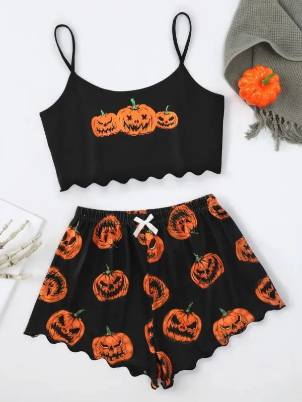 Spring Autumn New Women's Fashion Printed Spliced Sling Christmas Funny Pumpkin Head Simplicity Sexy Casual Two Piece Set Tops