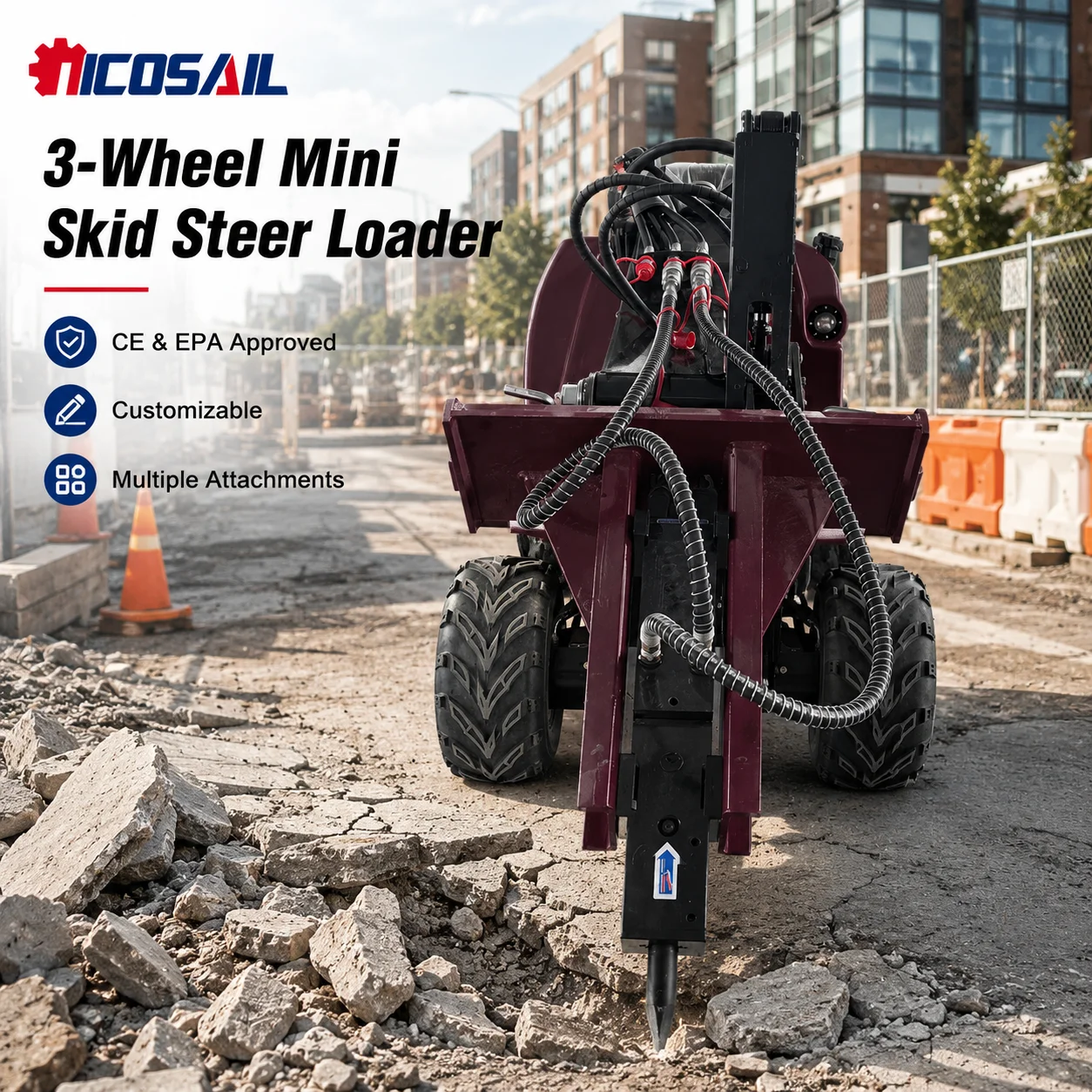 OEM Custom 3-Wheel Mini Skid Steer Loader CE EPA Certified with Multiple Attachments for Narrow Access Material Handling