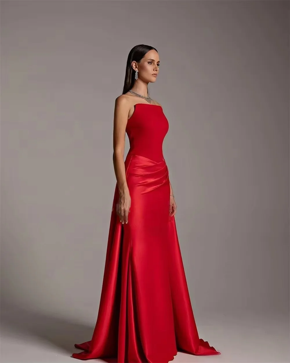 Custom long red satin mermaid evening dress, floor length with zipper back. Elegant fitted silhouette, custom sizes available. I