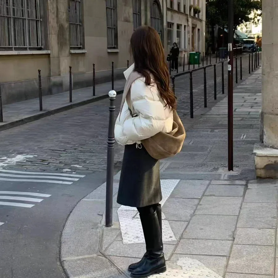 따뜻한 온스 루즈핏 순색 스탠드 칼라 화이트 다운 경량 따뜻한 겨울용 여성 자켓