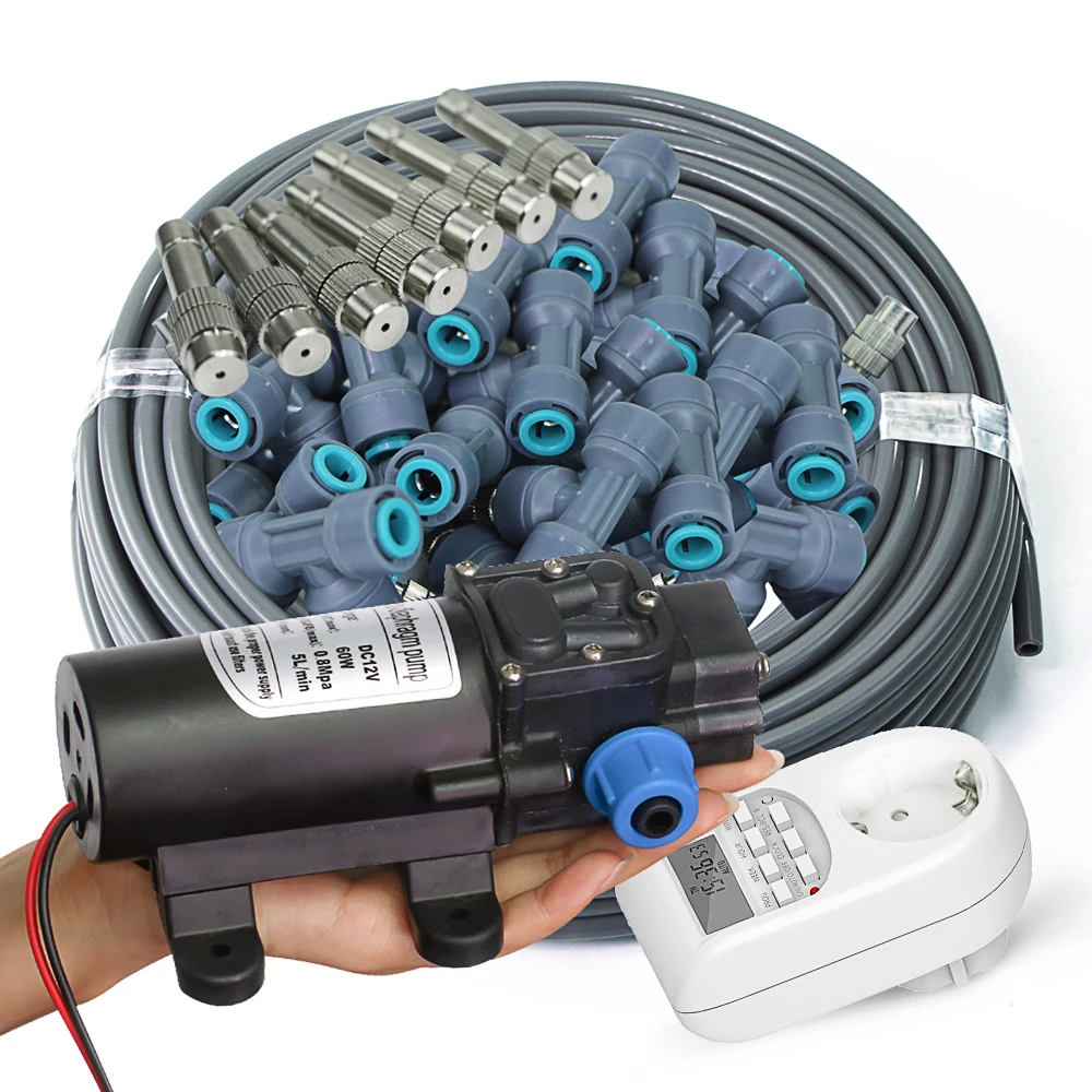 

25-5M 60W Pump Adjustable Spray Nozzle Timer Watering Systems Quick Connection 1/4" Hose Misting Automatic Irrigation Kit Garden