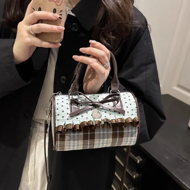 Korean Bow Pillow Bag Women Star Checkered Handbag Blue Brown Pleated Edge Shoulder Bag Cute Heart-shaped Pendant Crossbody Bag view 2