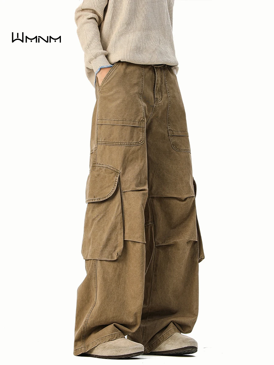 

American Retro Coffee Folded Pure Cotton Work Pants Men Haome Vague Multi ket Straight Loose Paratrooper Pants