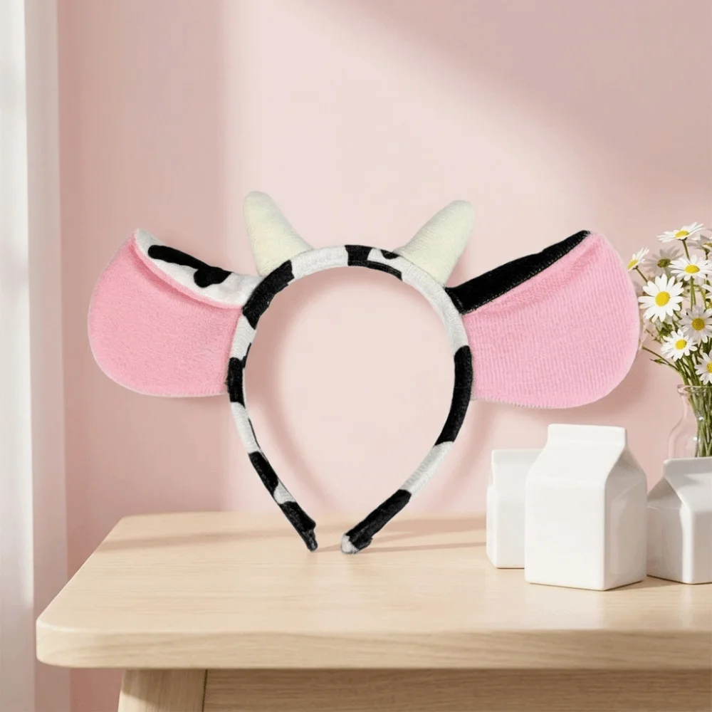 Cute Polyester Cow Horn Headband Non-Slip Hair-Pressing Animal Ears Hair Hoop Soft Spotted Pattern Dairy Cow Hairband Bathing