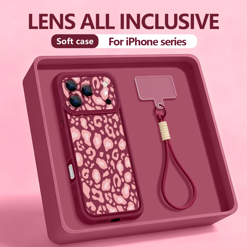 Etui na telefon z nadrukiem w panterkę i paskiem do iPhone 18 17 Pro Max 17e 16 15 14 Pro Max 13 12 Pro, odporne na wstrząsy, miękkie TPU, z paskiem na szyję.