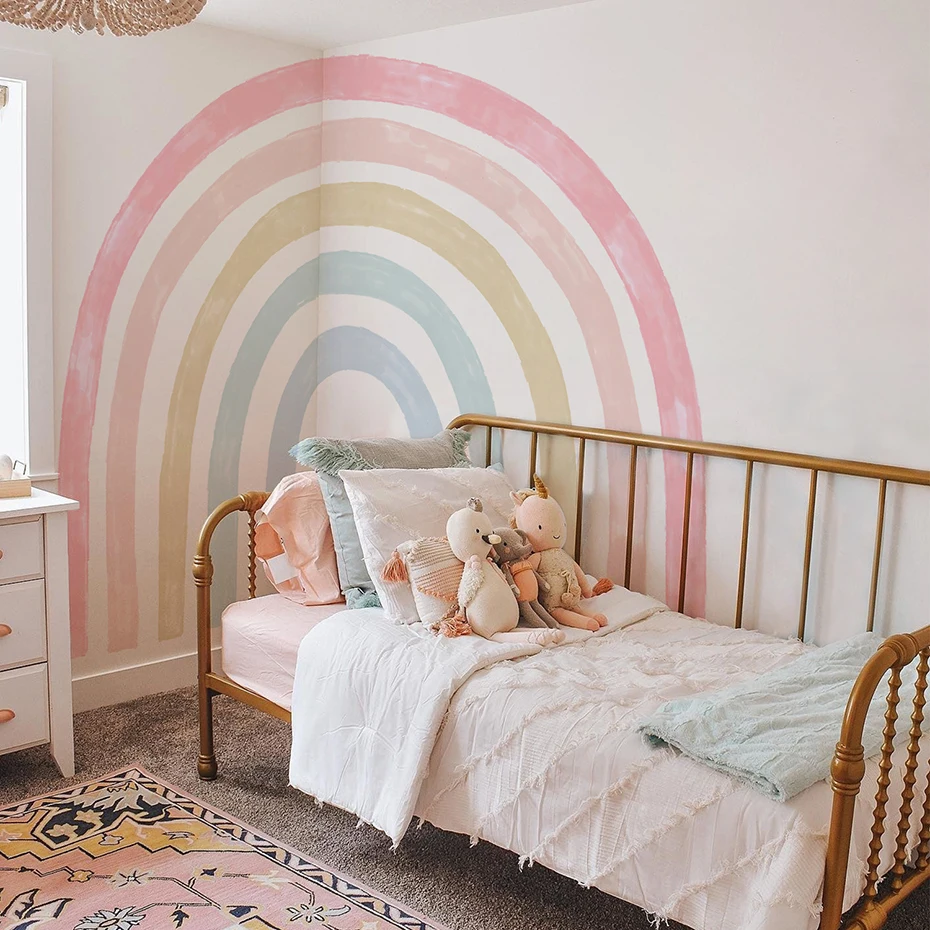 Imagem -04 - Grande dos Desenhos Animados Rainbow Wallpaper Adesivo de Parede Rosa Aquarela para Berçário Decalques Removíveis para Quarto das Crianças Decoração Interior