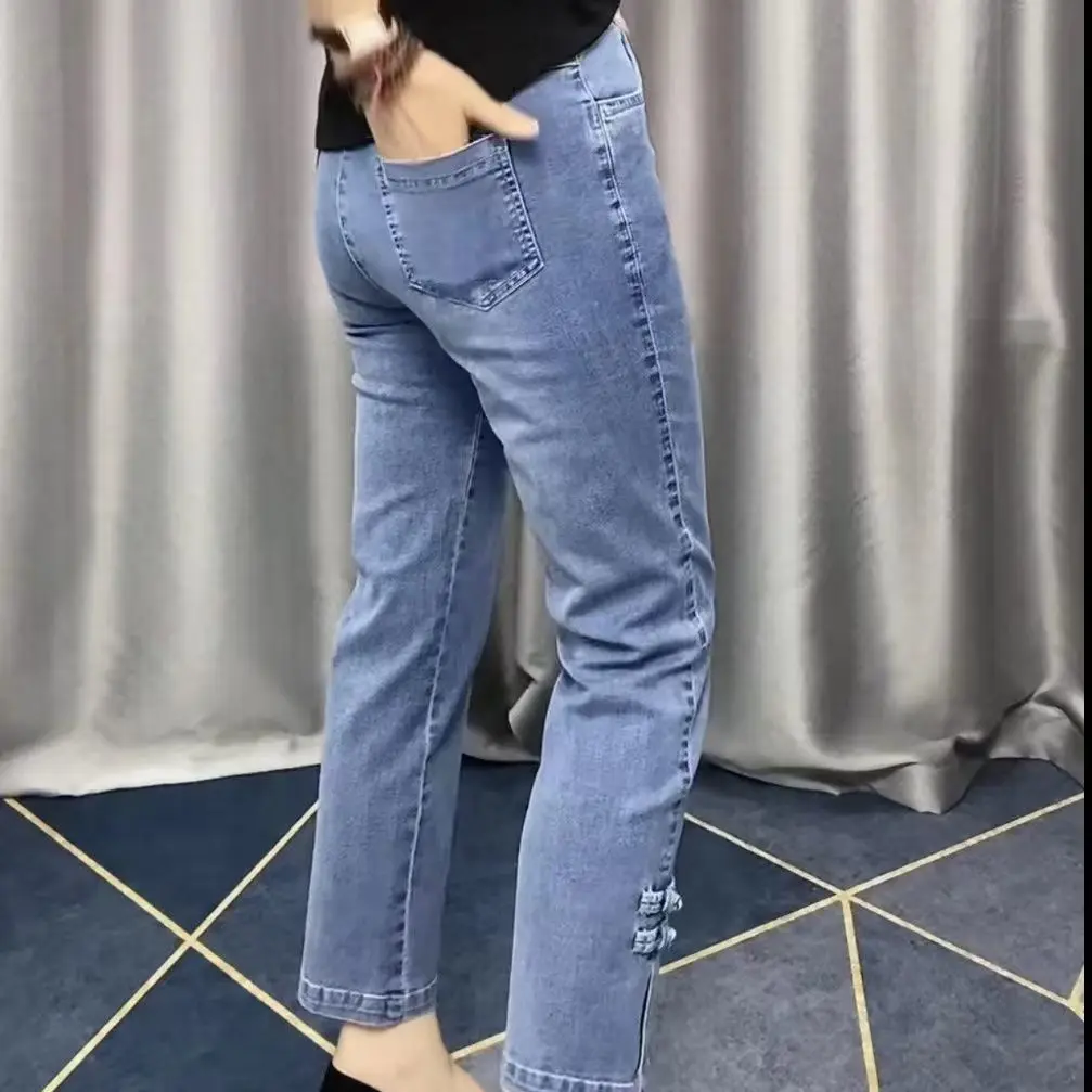 Jeans da donna di grandi dimensioni ad alta elasticità 2024 primavera autunno coreano pantaloni larghi dritti alla caviglia femminili allungano i