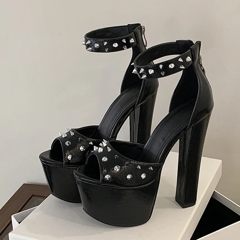 

Liyke Fashion Design Metal Rivet Ankle Cover Strap Platform Sandals Women Sexy Peep Toe Black Chunky High Heels Party Prom Shoes