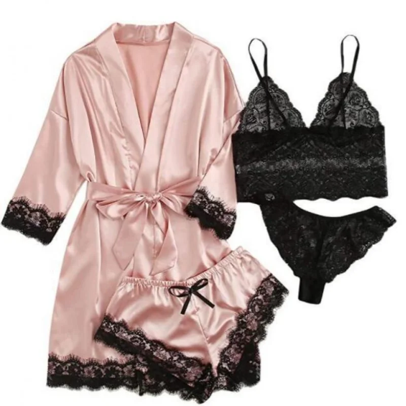 4PCS Women's Four-Piece Pajamas Set Summer New Large Size Sexy Nightgown Suspender Set Can Be Worn Outside Home Clothes Set