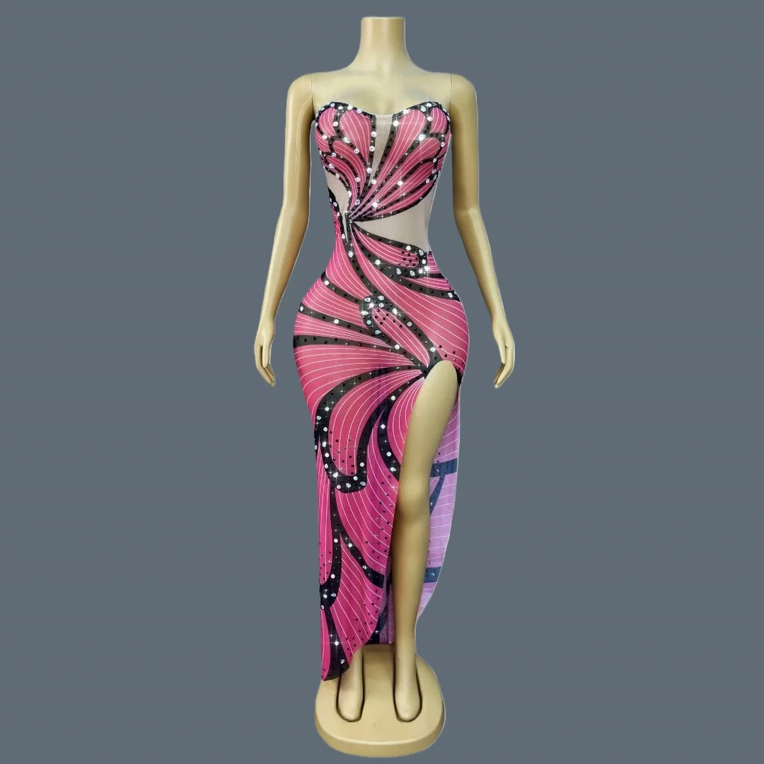 

Butterfly Printing See Through Mesh Long Dress Party Strapless High Side Slits Evening Dress Sexy Women Elegant Couture Fenlidie