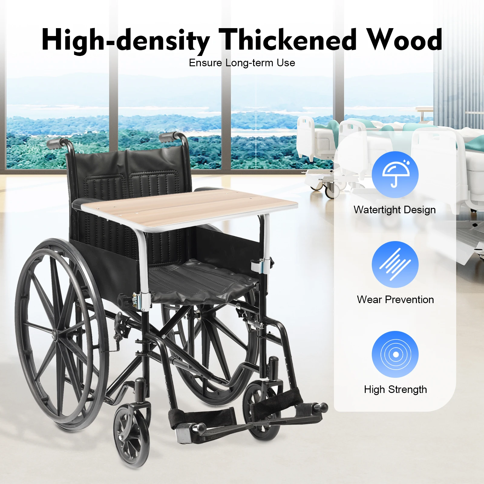 

Modern Coffee Wood Wheelchair Tray Table Detachable 15mm Thick Desktop & Steel Pipe Frame 22.44x11.81in Workspace (No Assembly)​