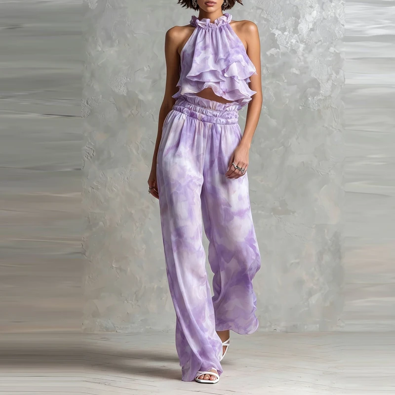 

Sexy Halter Neck Top & Wide Leg Pant Women Suit Elegant Pattern Print Wide Leg Pant Loose 2Pc Sets Ruffled Edge Holiday Outfits