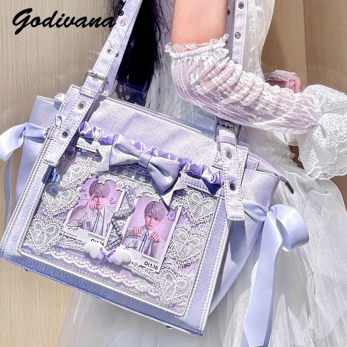 Original Satin Lightweight Ribbon Bowknot Square Shoulder Bags Comic Exhibition Pain Bag Japanese Style Totes Handbags