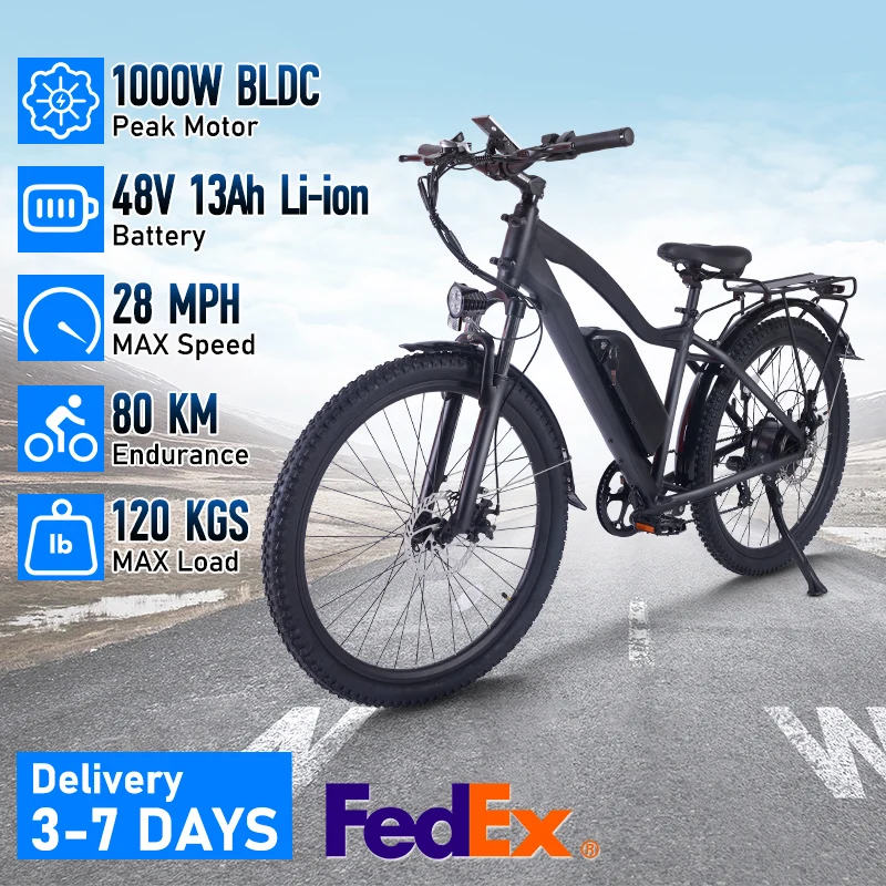 

Электрический горный велосипед для взрослых, 27-дюймовая шина, пиковый двигатель BLDC мощностью 1000 Вт, горный велосипед E, литий-ионный съемный аккумулятор 48 В, 13 Ач, электронный велосипед