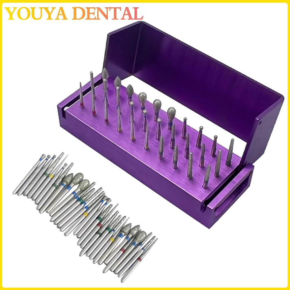 

30Pcs/Set Dental Diamond Burs for High Speed Handpiece Burs Handpiece Turbine+Burs Placement Box Drill Disinfection Block