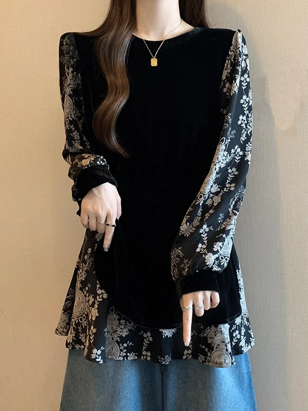 Gold Velvet Floral Patchwork Shirt Women's Mid-Length Oversized Korean Style Commute Fashion plus Size Slimming Top