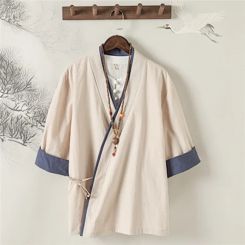 Chinese Style Zen Tea Tee Shirt Retro Cotton Linen Top Kung Fu Blouse T-shirt Japanese Samurai Kimono Haori Cardigan Casual Coat