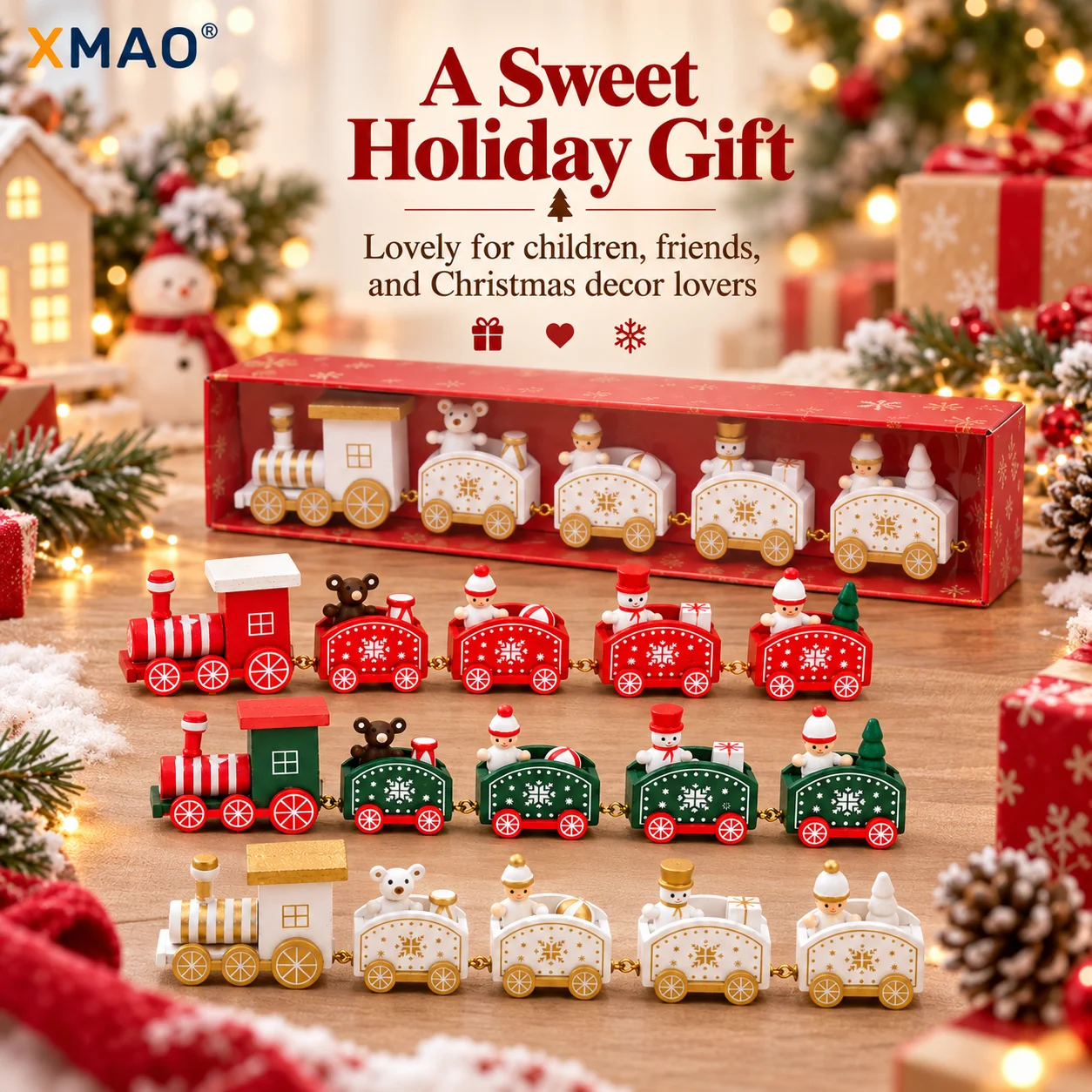 Christmas Train Wooden Tabletop Ornament, Festive Holiday Decoration for Kids Gift, Xmas Decor for Home Shelf Mantel Display