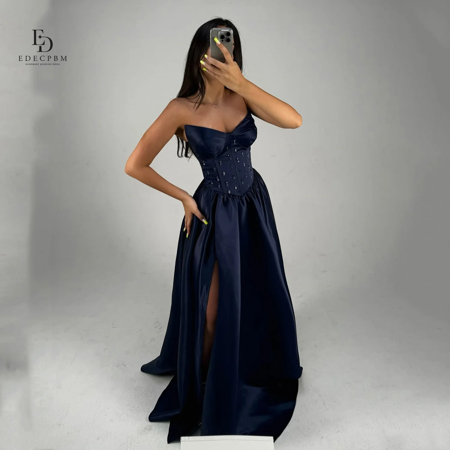 

EDECPBM A-line Prom Dress Handmade Satin Women's Evening Dress Elegant Party Dresses 2025 Customized Vestidos De Festa Side Slit