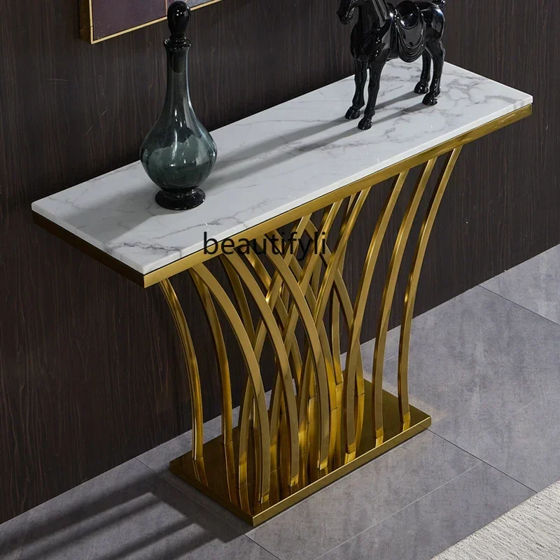 

Italian light luxury rock slab entrance table, living room corridor, stainless steel entrance cabinet, entrance table45671184