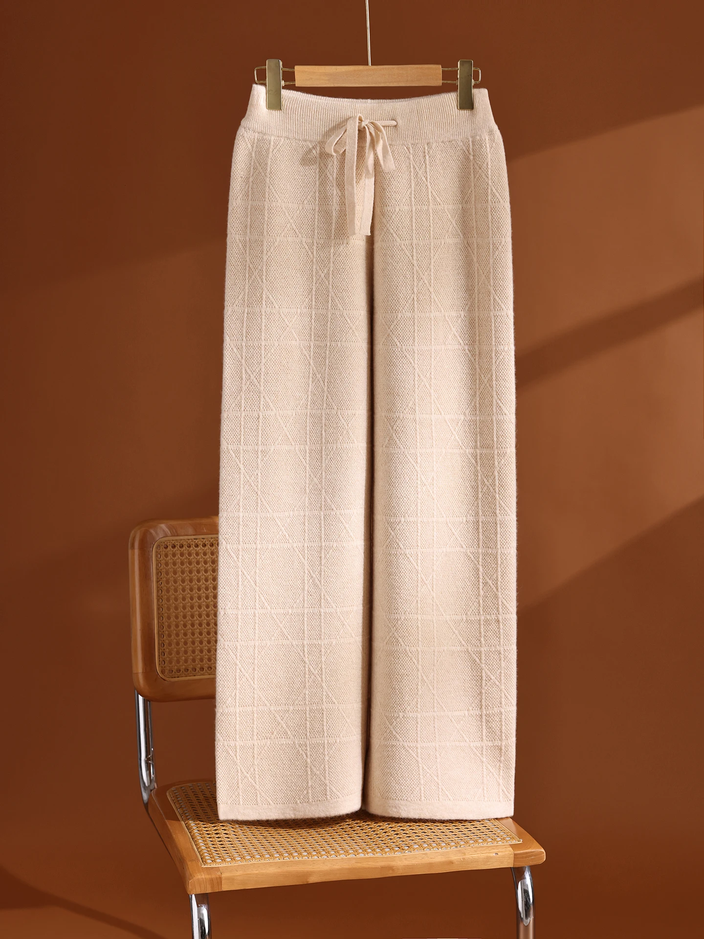 Woman's Pants 100% Merino Wool High Waist Relaxed Knit Wide Leg Pants Ribbed Elastic Waistband with Drawstring Subtle Grid Knit