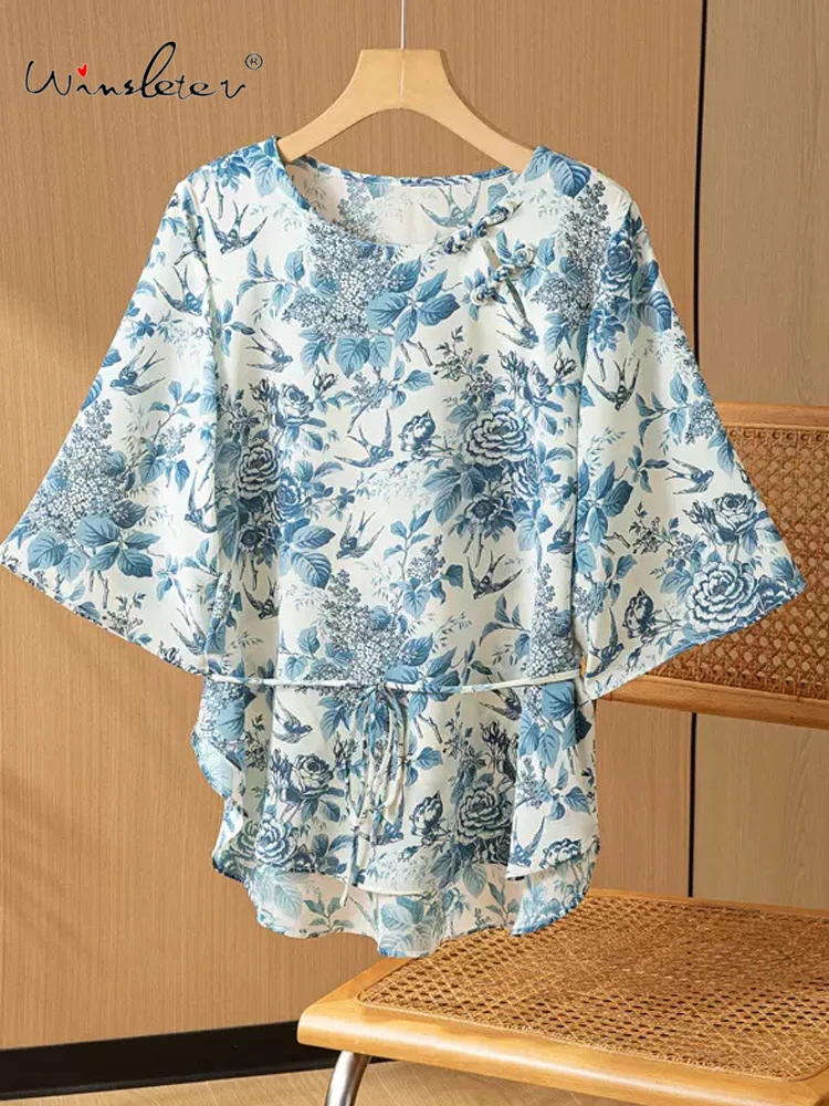 

Winsleter, 100%Real Silk Elegant T-shirt, Woman 3/4 Sleeve O Neck Floral, Vintage Loose Chic Tops, 2024 Summer Autumn T47422QC