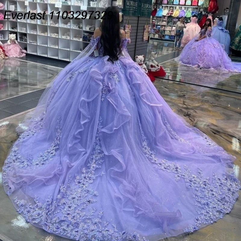 

EVLAST Lavender Quinceanera Dress Ball Gown 3D Flowers Applique Beads Ruffles With Cape Sweet 16 Vestidos De XV 15 Anos TQD701