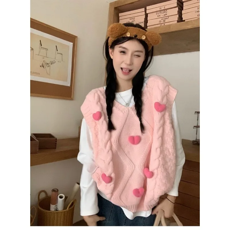 

Сладкий розовый вязаный жилет Love Twist для женщин, новый свободный свитер без рукавов на бретелях на весну и осень