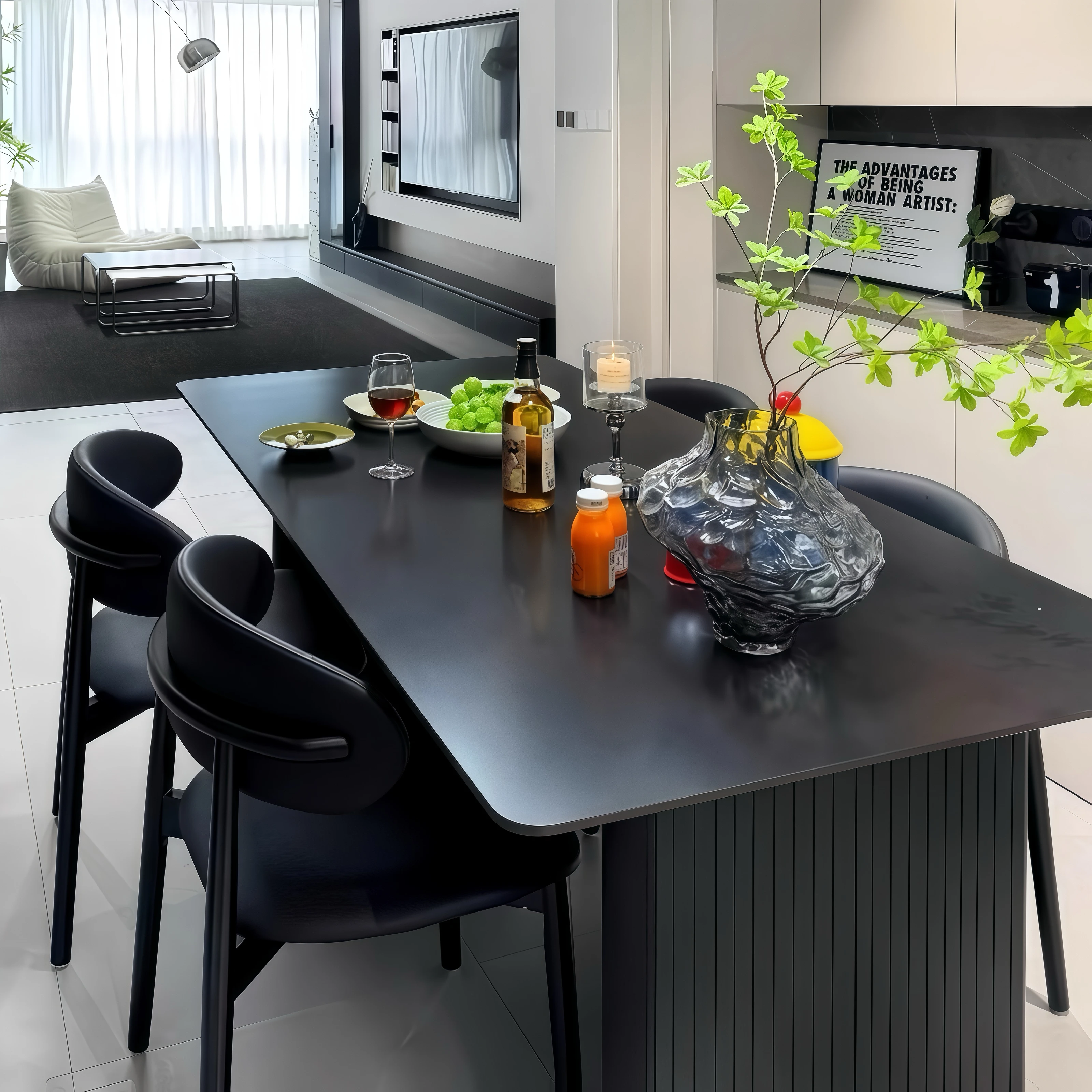 

Rock slab dining table and chair combination, Italian pure black small apartment, minimalist modern simplicity