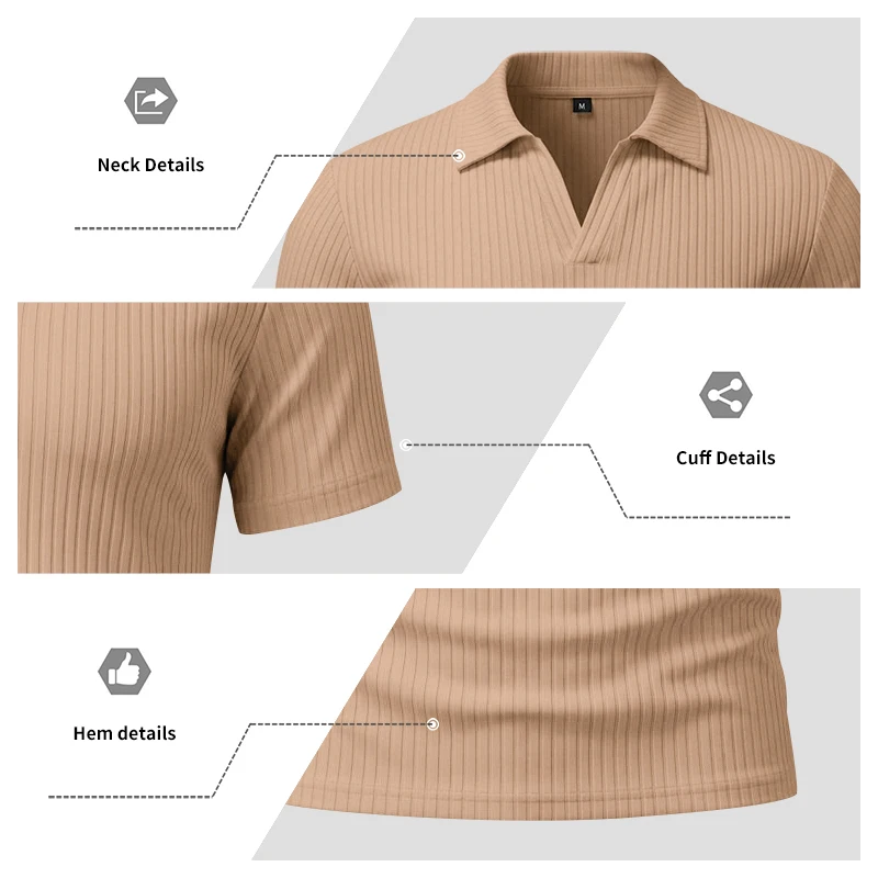 Herren 1-teiliges Gestricktes V-Ausschnitt Kurzarm Slim-Fit Atmungsaktives Eisseide Schnelltrocknendes Golf Business Casual Poloshirt – Detail 12