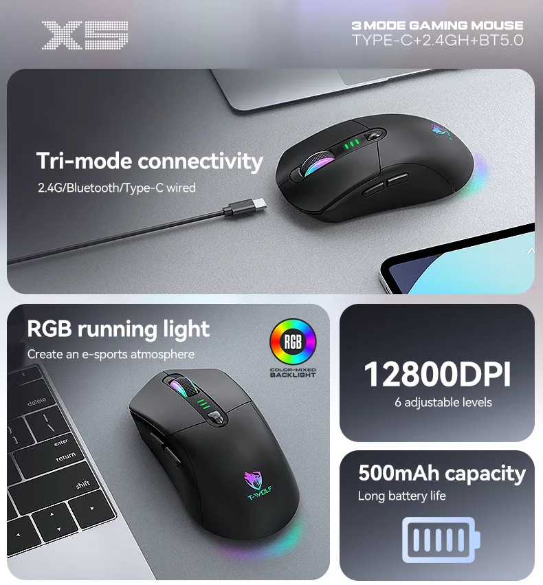 

T-WOLF X5 Three-mode Bluetooth Wireless Gaming Mouse with RGB Lighting and Battery Display Mechanical Mouse Translation