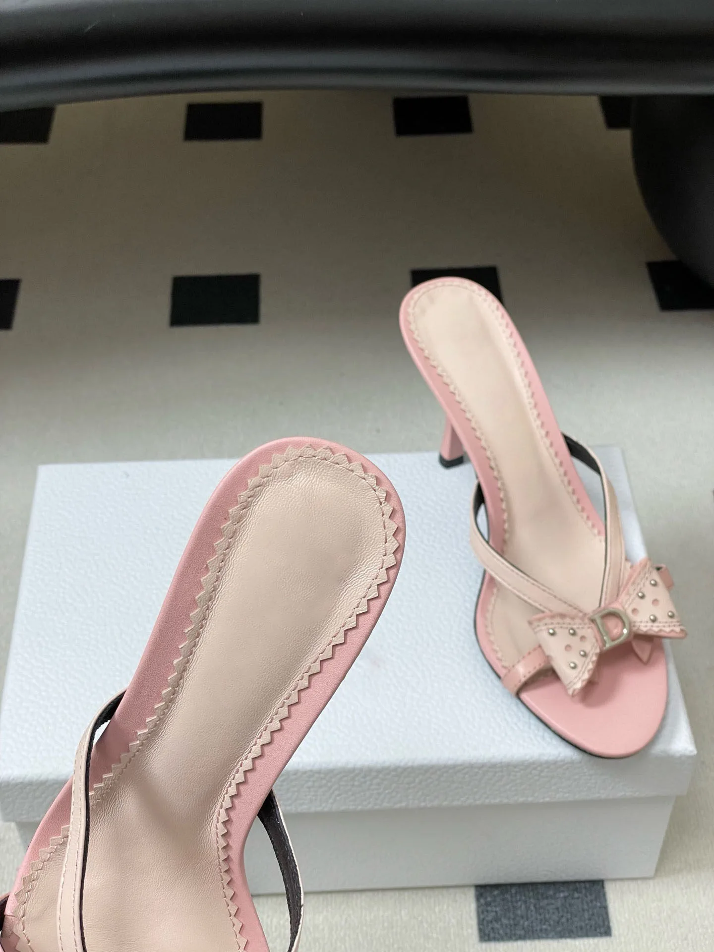 2026 New Sweet Pink Bow Rivet High Heels Women Elegant Thin Strap Stiletto Slippers Fashion Open Toe Slide Sandals Ladies Shoes