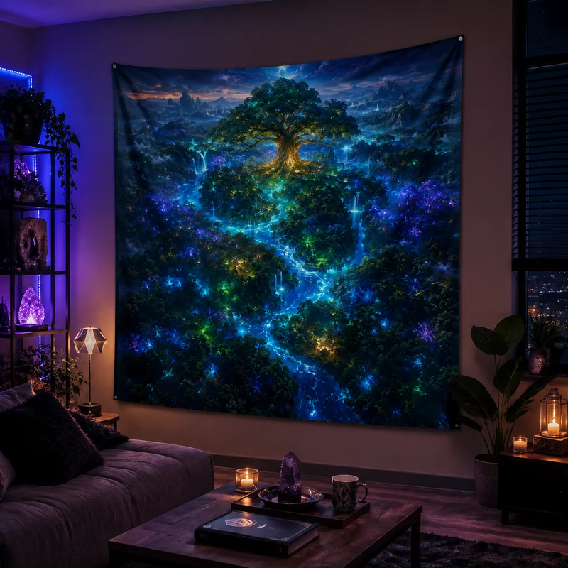 VIKAMA Fantasy Tree of Life Tapestry Magic Secret Realm Giant Luminous Divine Tree Stream Room Decoration