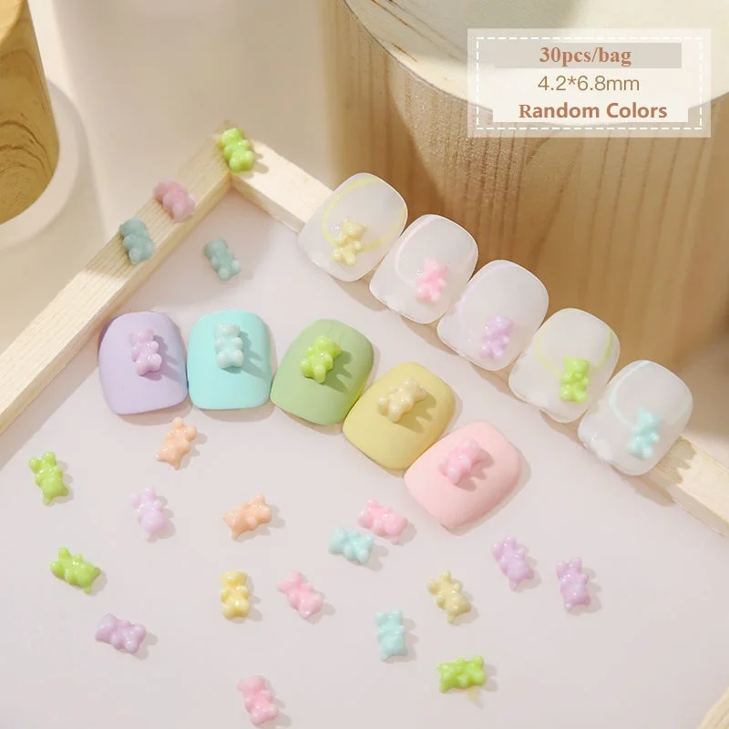 30 teile/beutel Kawaii Mini Bär Bogen 3D Nette Nail art Dekorationen Macaron Matte Bären Nägel Charms Designs DIY Harz Nagel zubehör – Detail 3