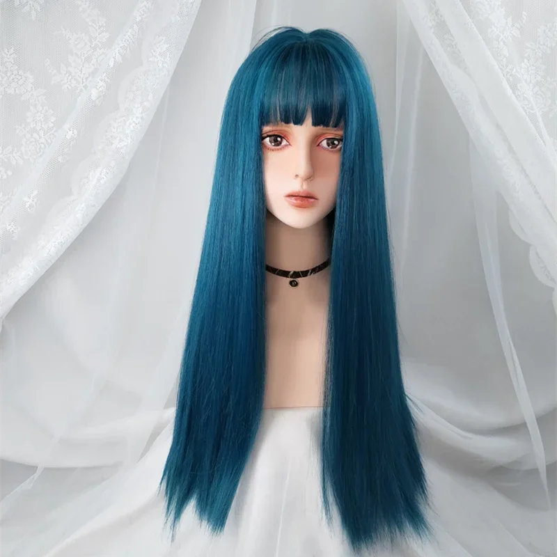 Pelucas de pelo sintético para mujer, azul oscuro, largo, recto, Cosplay, peluca con flequillo, resistente al calor