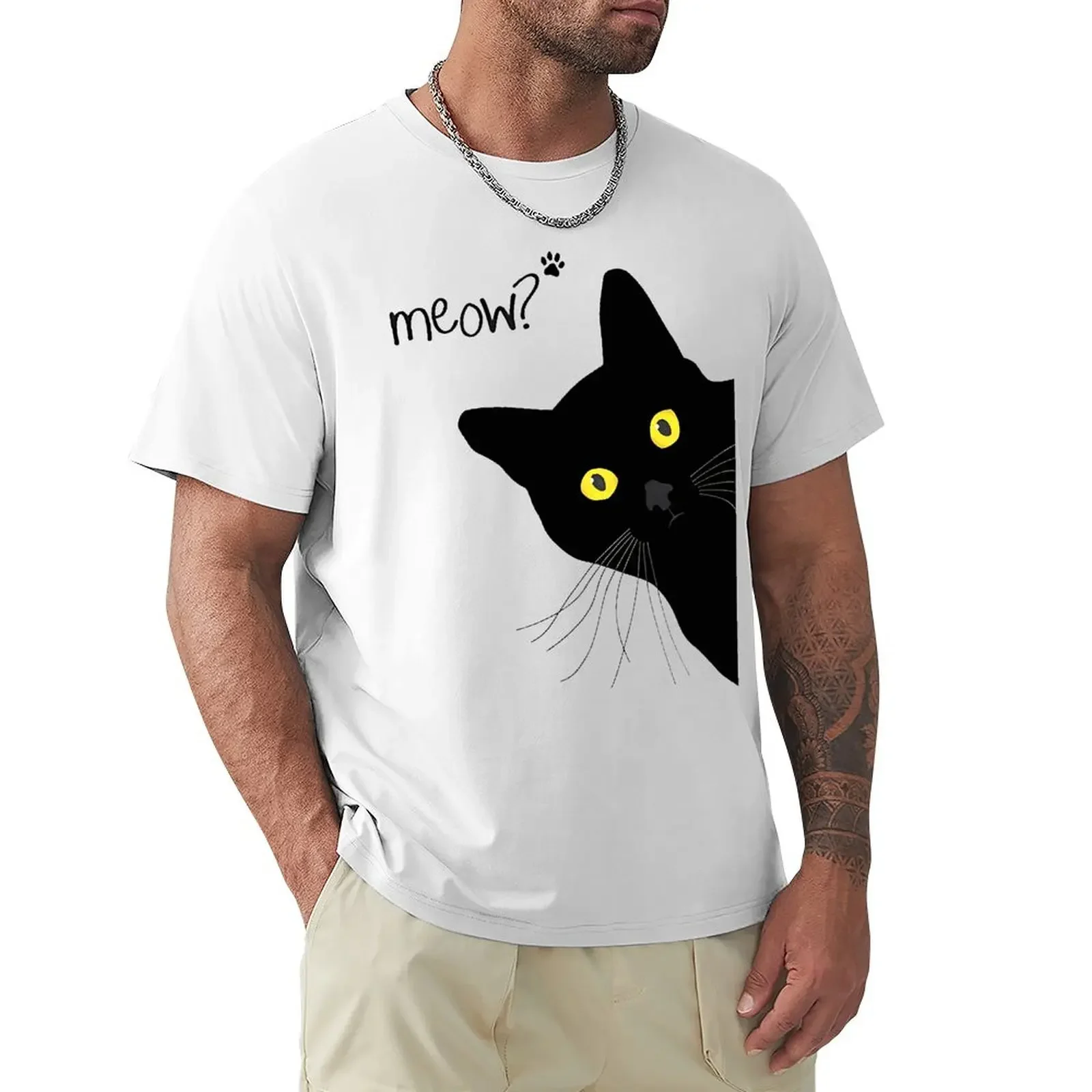 Meow Black Cat Funny Printing Men T-Shirts Breathable Tee Clothes Summer Streetwear Tops Oversized Loose Cotton Short Sleeve