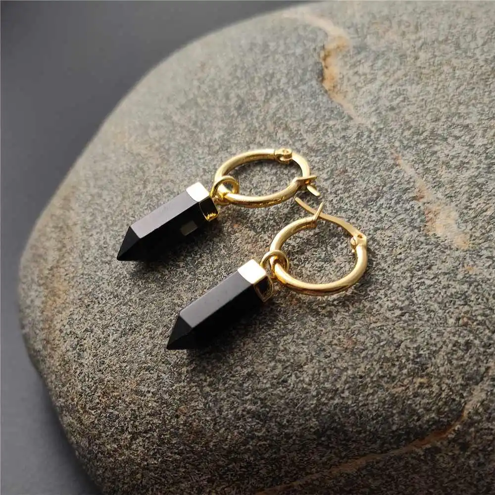 FUWO Wholesale Natural Obsidian Point Earrings,Golden Plated Handmade Faceted Black Crystal Women Jewelry 5Pairs/Lot ER120